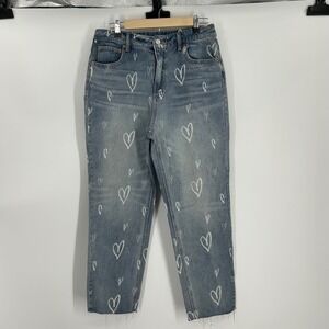 No Boundaries Womens‎ High Rise Mom Jeans Blue Heart Print Raw Hem Size 11 0549